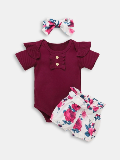 

Hopscotch Girls Maroon & Off White Top Onesie with Shorts