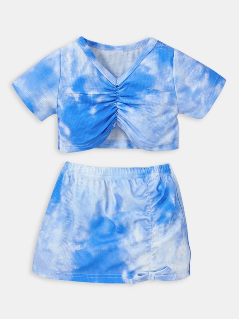 

Hopscotch Girls Blue & Off White Dyed Top with Skirt