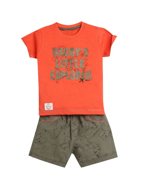 

Hopscotch Boys Orange & Khaki Printed T-shirt with Shorts