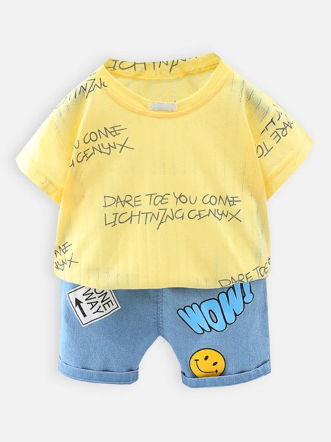 

Hopscotch Boys Yellow & Blue Printed T-shirt with Shorts