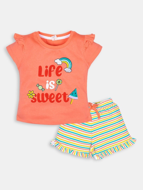 

Hopscotch Girls Coral & Green Printed Pure Cotton T-shirt with Shorts