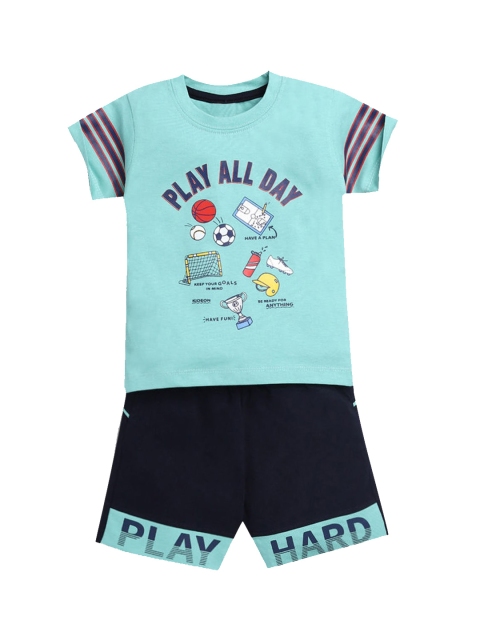 

Hopscotch Boys Blue & Black Printed Pure Cotton T-shirt with Shorts