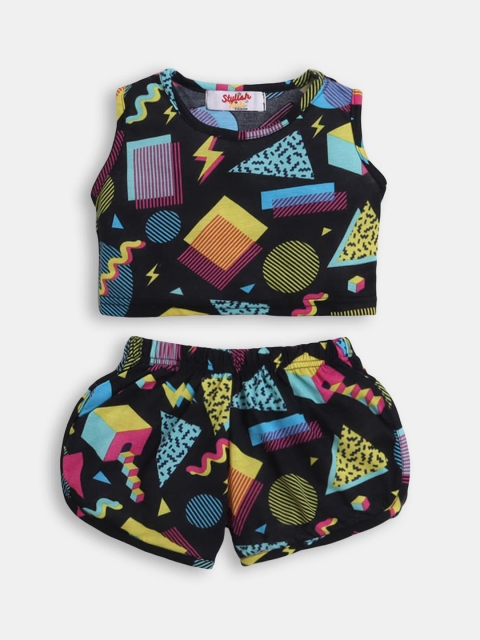 

Hopscotch Girls Yellow & Black Printed Pure Cotton Top with Shorts