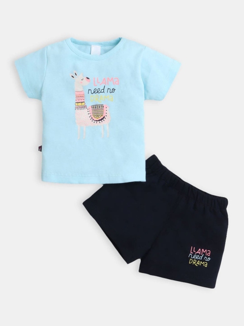 

Hopscotch Girls Blue & Black Printed Cotton T-shirt with Shorts