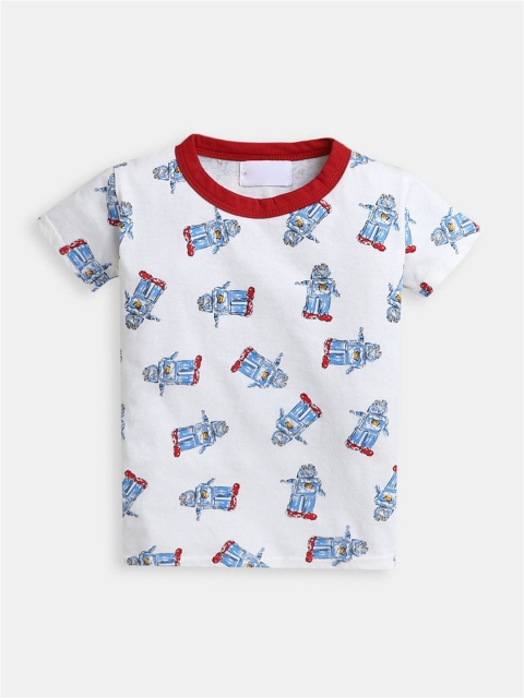 

Hopscotch Boys White & Blue Printed Cotton T-shirt