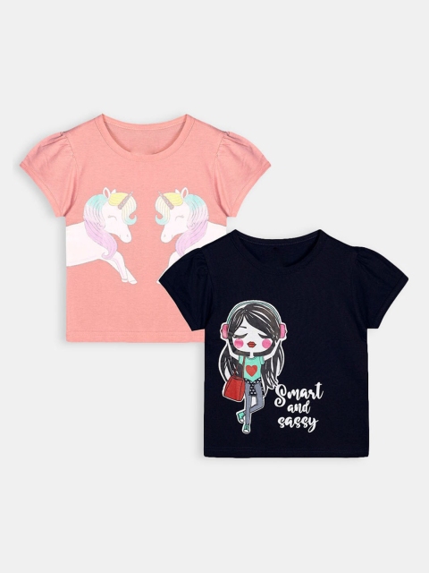 

Hopscotch Girls Pack of 2 Peach-Coloured & Navy Blue Pure Cotton T-shirt