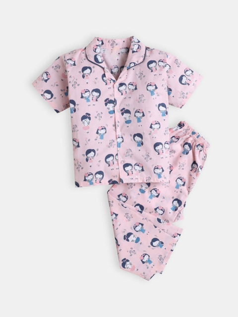 

Hopscotch Girls Pink & White Printed Night suit