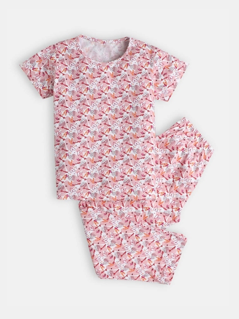 

Hopscotch Girls Pink & White Pure Cotton Printed Night suit