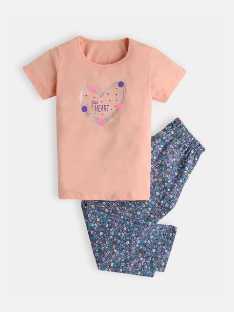 

Hopscotch Girls Orange & Blue Pure Cotton Printed Night suit