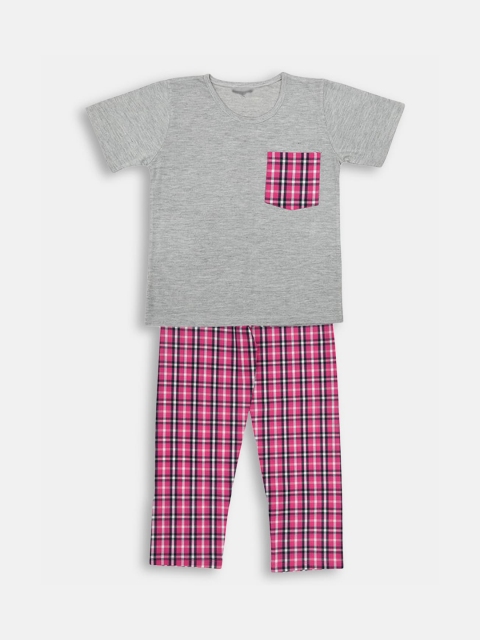 

Hopscotch Girls Pink & Grey Cotton Checked Night suit