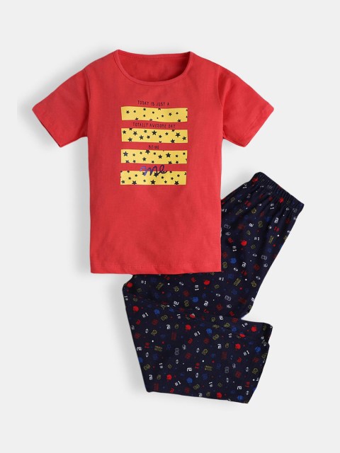 

Hopscotch Girls Red & Black Printed Night suit