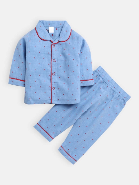 

Hopscotch Unisex Kids Blue Polka Dot Print Night suit