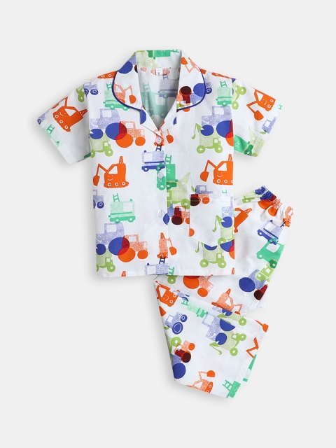

Hopscotch Boys White Printed Night suit