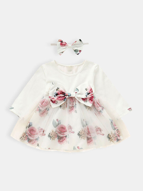 

Hopscotch Girls White Floral Print Full-Sleeve Casual Dress With Headband