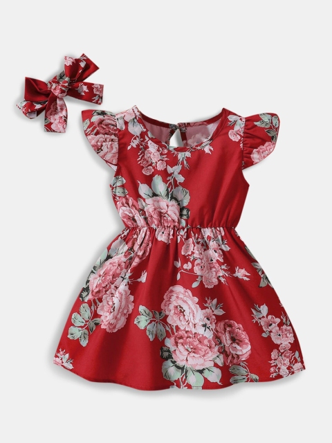 

Hopscotch Girls Red Floral Print Dress Comes With a Headband