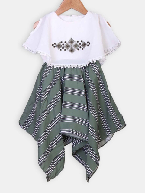 

Hopscotch Girls Olive Green Striped Cotton Asymmetric Dress