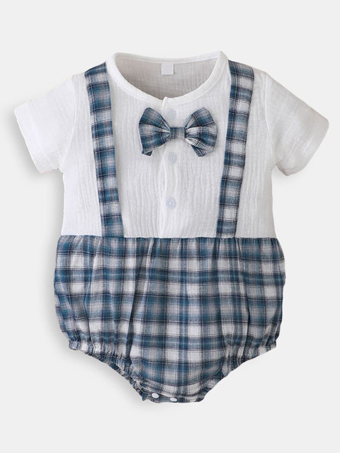 

Hopscotch Infants Boys White & Blue Checked Printed Pure Cotton Romper With Bow