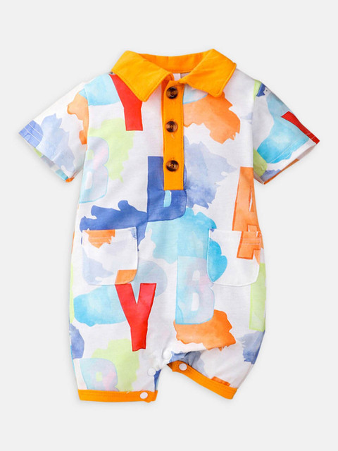 

Hopscotch Boys Orange & Blue Printed Romper
