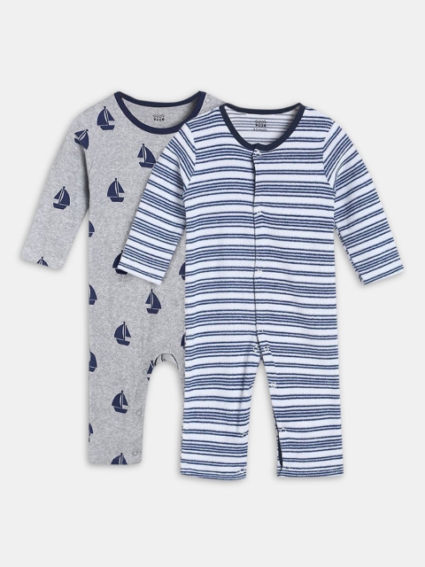 

Hopscotch Infant Boys White & Grey Pack Of 2 Printed Pure Cotton Rompers