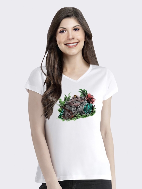 

Pootlu Women White Printed V-Neck T-shirt