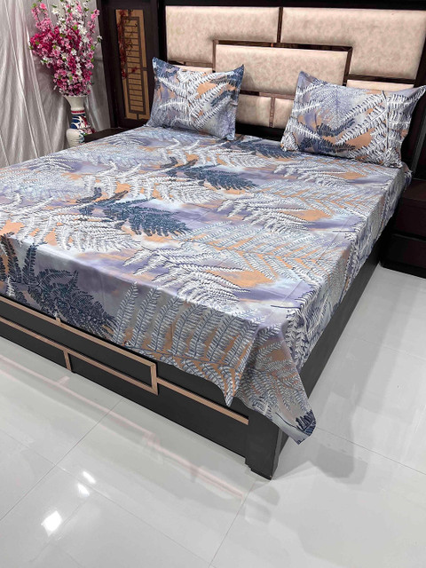 

Pure Decor Grey & Off White Floral Queen Bedsheet with 2 Pillow Covers