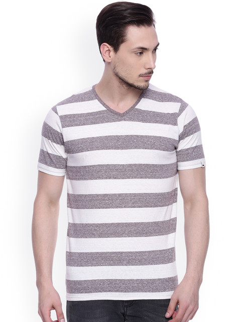 

Basics Men Grey & White Striped Slim Fit T-shirt