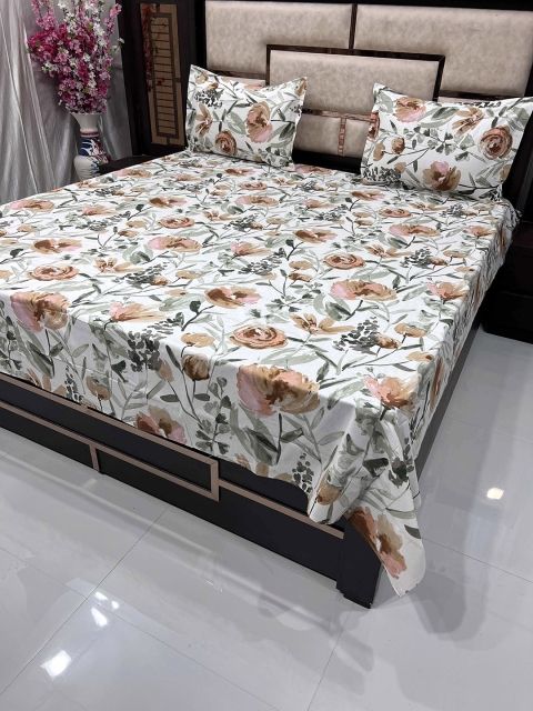 

Pure Decor Orange & White Floral 260 TC Queen Bedsheet with 2 Pillow Covers