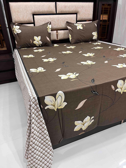 

Pure Decor Brown & White Floral King Bedsheet with 2 Pillow Covers