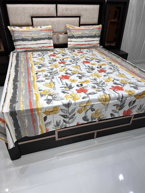 

Pure Decor Yellow & White Floral 260 TC Queen Bedsheet with 2 Pillow Covers