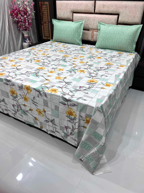 

Pure Decor White & Green 380 TC Floral King Bedsheet with 2 Pillow Covers