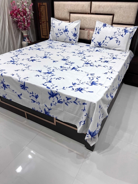 

Pure Decor White & Blue Floral 260 TC Queen Bedsheet with 2 Pillow Covers