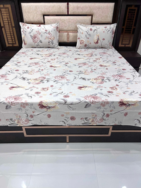 

Pure Decor White & Pink Floral 260 TC Queen Bedsheet with 2 Pillow Covers