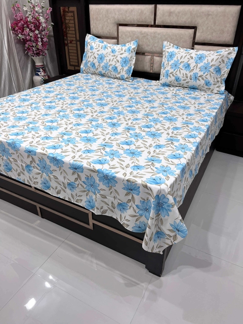 

Pure Decor Blue & Off White Floral 260 TC Queen Bedsheet with 2 Pillow Covers