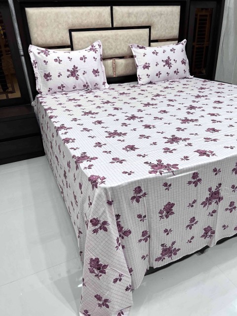 

Pure Decor Pink & White Floral 400 TC Pure Cotton King Bedsheet with 2 Pillow Covers