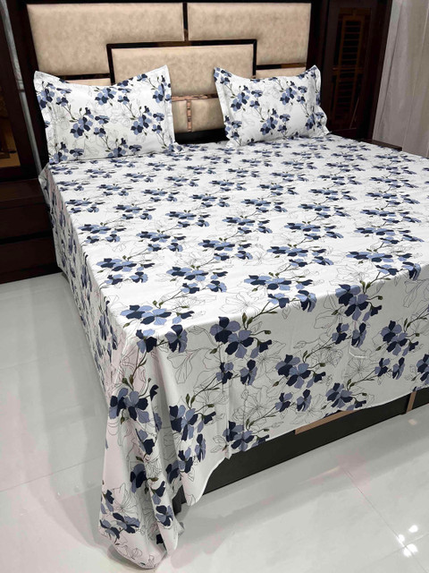 

Pure Decor Blue & White Floral 400 TC Pure Cotton King Bedsheet with 2 Pillow Covers