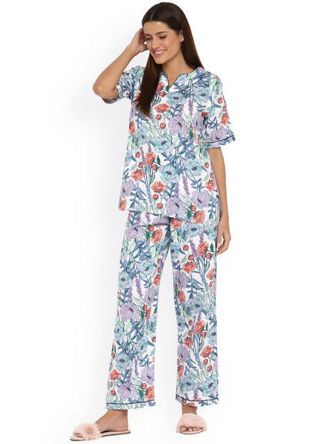 

shopbloom Women White & Blue Printed Cotton Night suit