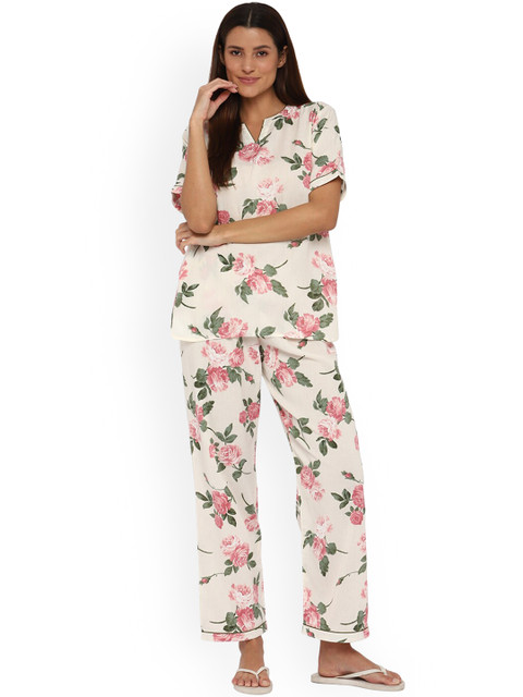 

shopbloom Women Off White & Pink Printed Night suit