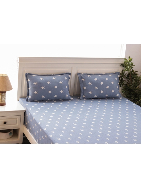 

Pluchi Blue cotton Knitted King Size Fitted Bedsheet With 2 Pillow Covers