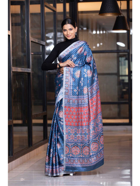 

KARAGIRI Blue & Pink Silk Blend Ajrak Saree