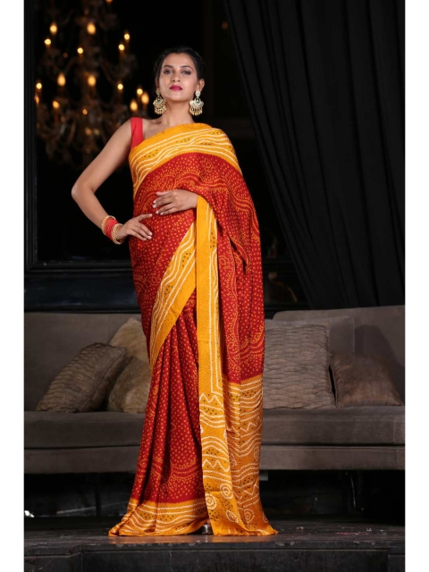 

KARAGIRI Red & Yellow Bandhani Silk Blend Saree