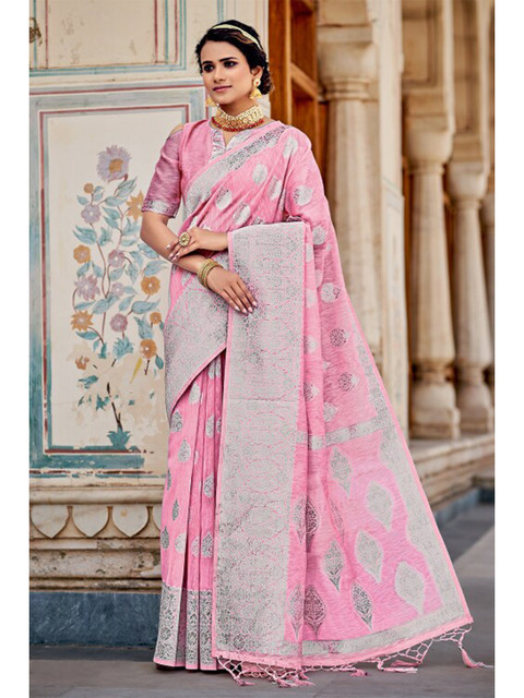 

KARAGIRI Pink & White Floral Zari Linen Blend Saree
