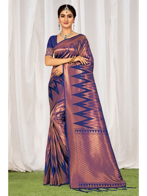 

KARAGIRI Blue & Gold-Toned Woven Design Silk Blend Kanjeevaram Saree