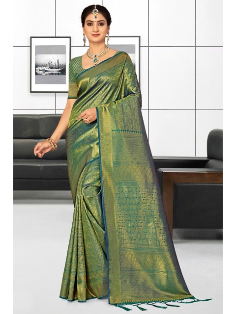 

KARAGIRI Green & Gold-Toned Woven Design Zari Silk Blend Kanjeevaram Saree