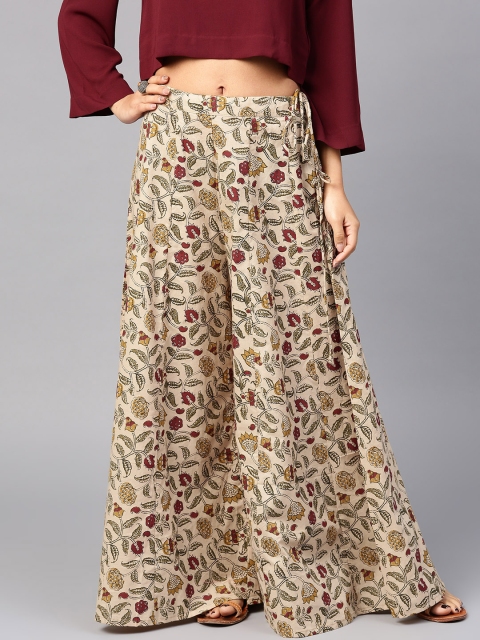 

AKS Women Beige & Red Kalamkari Print Flared Palazzos