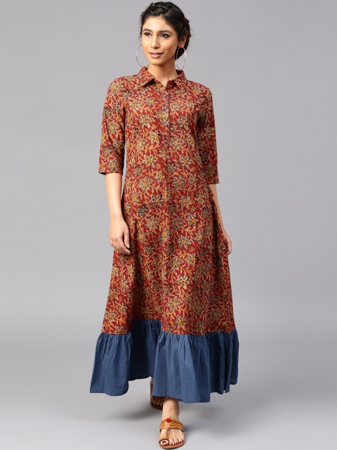

AKS Women Rust Red & Beige Kalamkari Print Maxi Dress