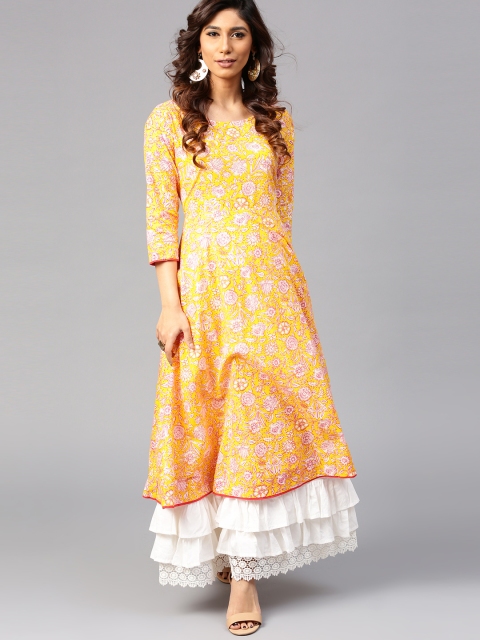 

AKS Women Yellow & White Printed Layered Maxi Dress