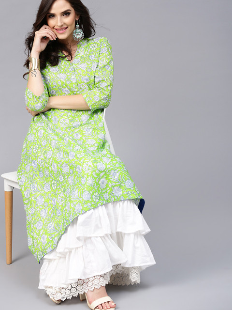 

AKS Women Green & White Printed Layered Maxi Dress