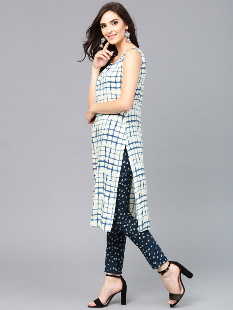 

AKS Women Cream-Coloured & Navy Checked Kurta with Trousers