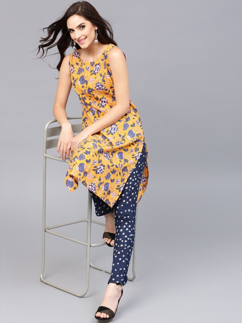 

AKS Women Yellow & Navy Floral Print Kurta with Trousers