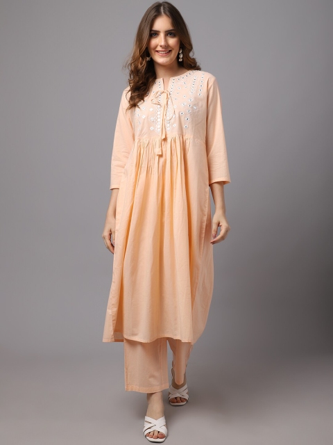 

Tulsattva Women Orange Ethnic Motifs Yoke Design Mirror Work Cotton Kurta